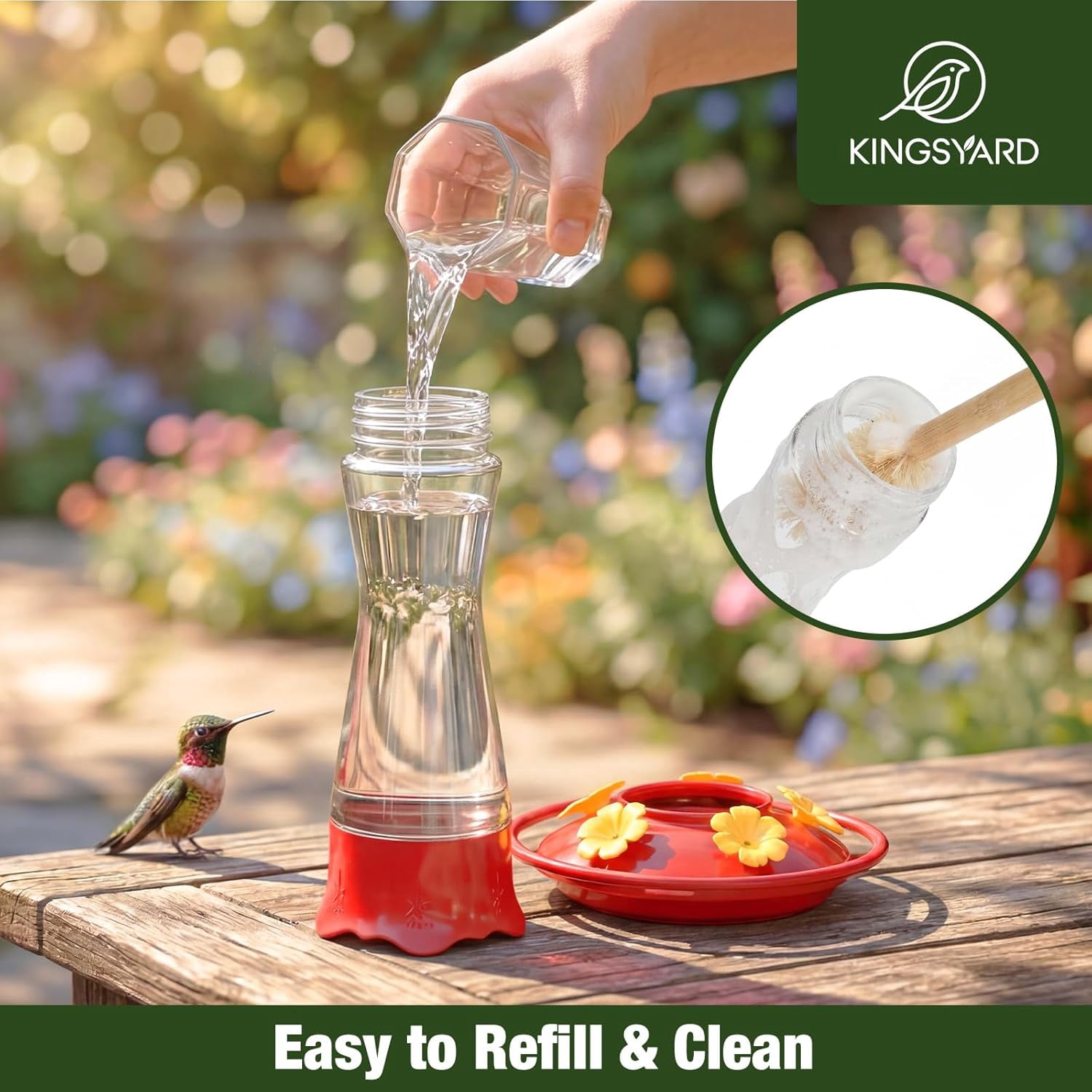 Glass Hummingbird Feeder for Outdoors Hanging, 10 oz Leak-Proof Humming Bird Feeders with Ant Moat & Bee Proof Feeding Ports, Hummingbird Gift for Bird Lovers (Clear)
