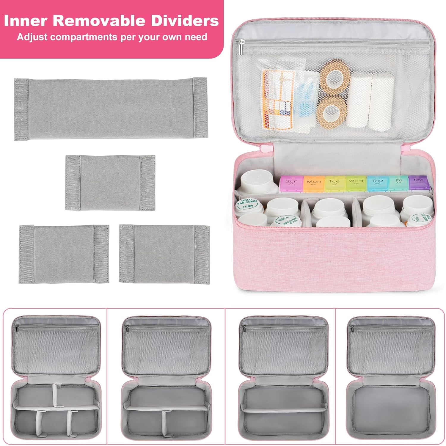 Medicine Storage Bag,Double Layers Pill Bottle Organizer Bag Empty with Lockable Zipper&Adjustable Divider,Medication Travel Carrying Bag for Pills,Vitamins,Medical Supplies