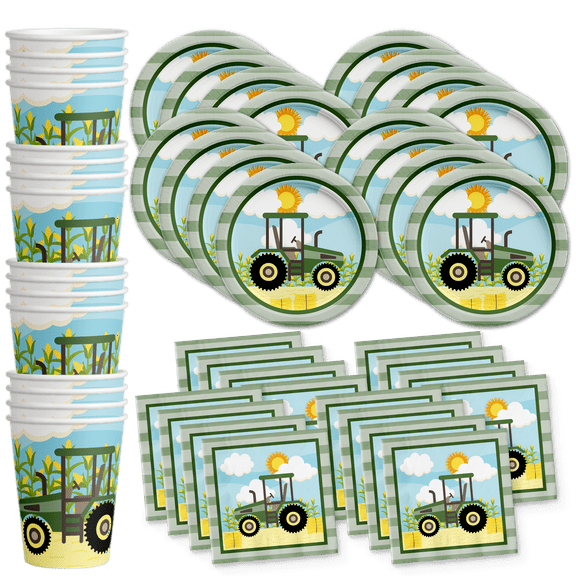 Farm Tractor Time Birthday Party Supplies Set Plates Napkins Cups Tableware Kit for 16