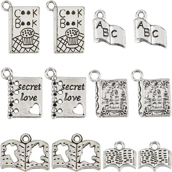 1 Box 96Pcs 6 Styles Book Themed Charms Teachers Day Charms Tibetan Alloy Back to School Teacher Books Graduation Charm