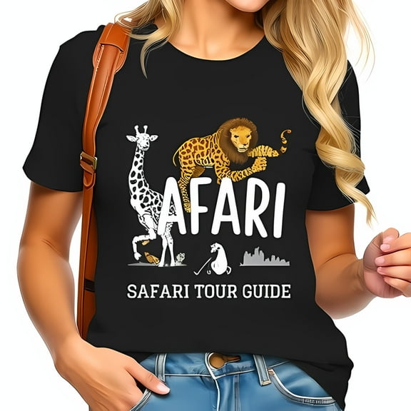 Whimsical Safari Themed Cotton Short Sleeve T-Shirt with Giraffe & Golfing Figure - " Safari Tour Guide " Design