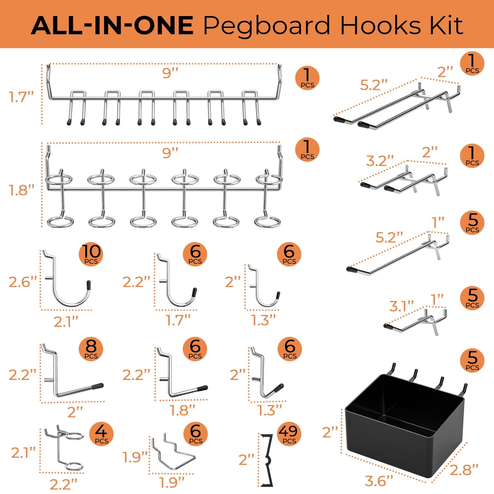 120pcs Pegboard Accessories Organizer Kit  Peg Board Hooks Assortment With Bins For Organizing Various Tools Fit 1/8 Or 1/4 Inch Hanging Storage Garage Wall Attachments
