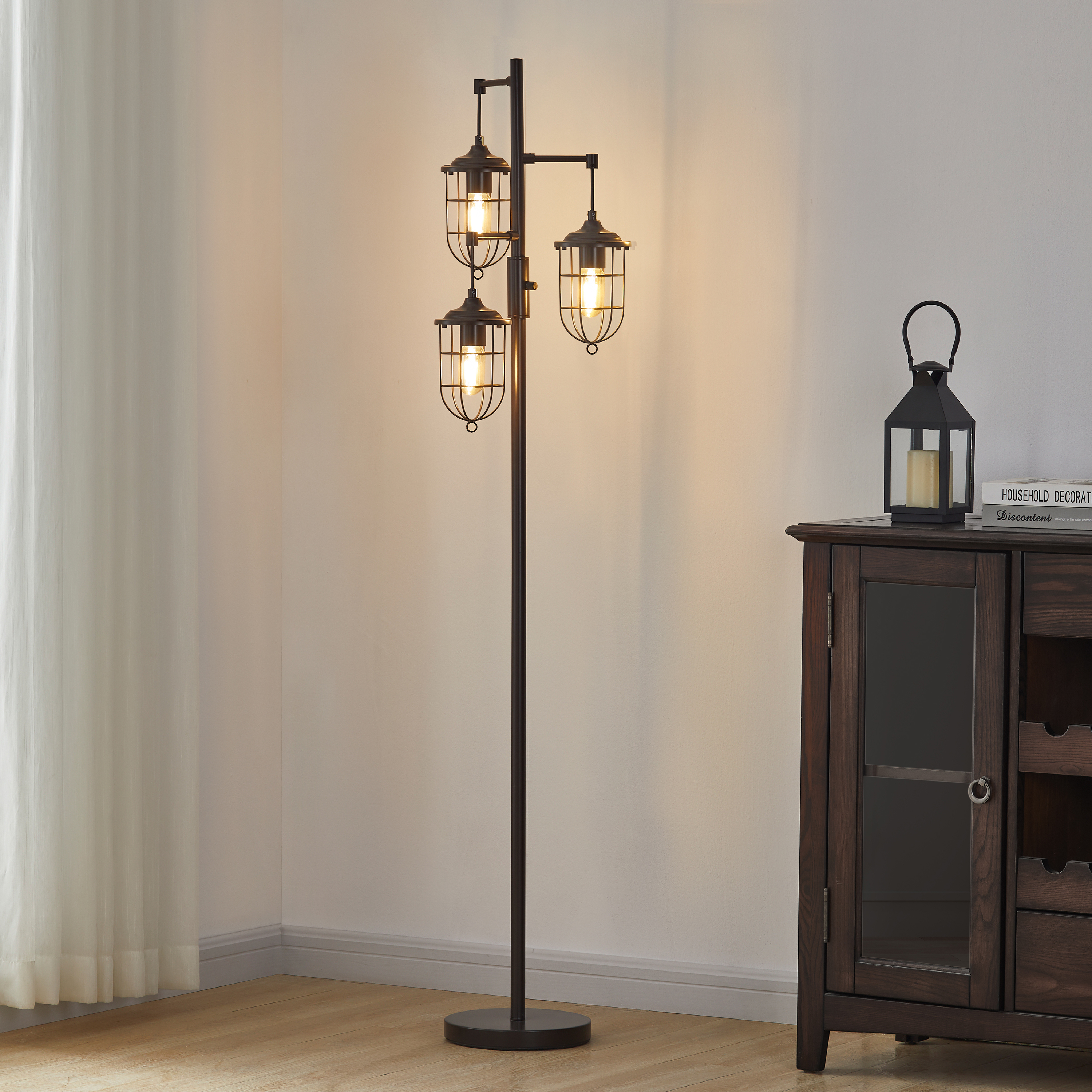KAWOTI 64.75'' Industrial Bronze 3-Light Lantern Floor Lamp with  Metal Cage Shades, Bulbs Included