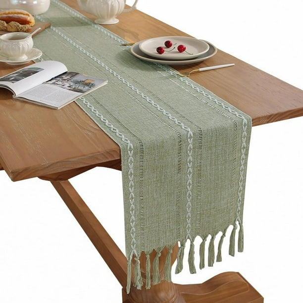 Camino de mesa verde salvia con rayas tejidas, camino de mesa de macramé con borlas, adecuado para decoración de mesa de boda, fiesta de cumpleaños, 13 x 94 pulgadas/33 x 240 cm