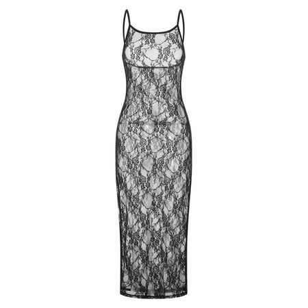 MIPREWUY Women Lingerie Lace Babydoll Nightdress Cami Chemise Mesh Sheer Sleeveless Nightwear High Slit Nightgown