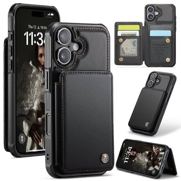 For iPhone 17 Pro Max Case with Card Holder, Wallet Flip Cover Case with RFID Blocking, Durable Leather Kickstand Magnetic Clasp Shockproof Phone Case for Women Men,Black