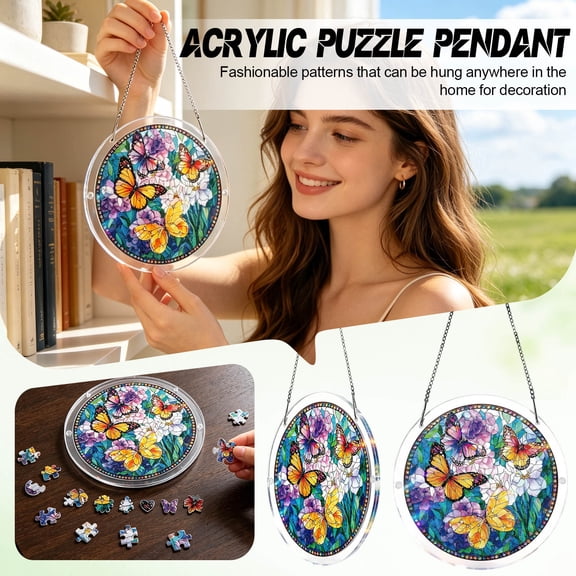 Jigsaw Puzzle Suncatcher, Sun Catcher Puzzle 83 Pieces, Acrylic Puzzle for Adults, Stained Glass Window Hanging Suncatcher, DIY Home Decor Gift for Women Men Mom (Butterflies, 7.4 inch)