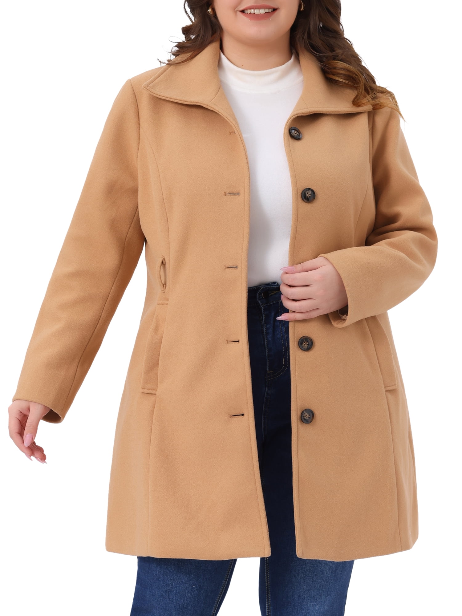 DARING DIVA Women's Plus Size Notch Lapel Single Breasted Peacoat with Belt 4X Camel
