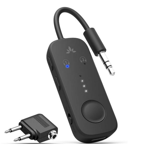 Avantree Relay - Adaptador Bluetooth 5.3 premium para avión, compatible con 2 AirPods o auriculares con aptX adaptable y baja latencia, transmisor de audio inalámbrico con conector AUX de 3,5 mm para