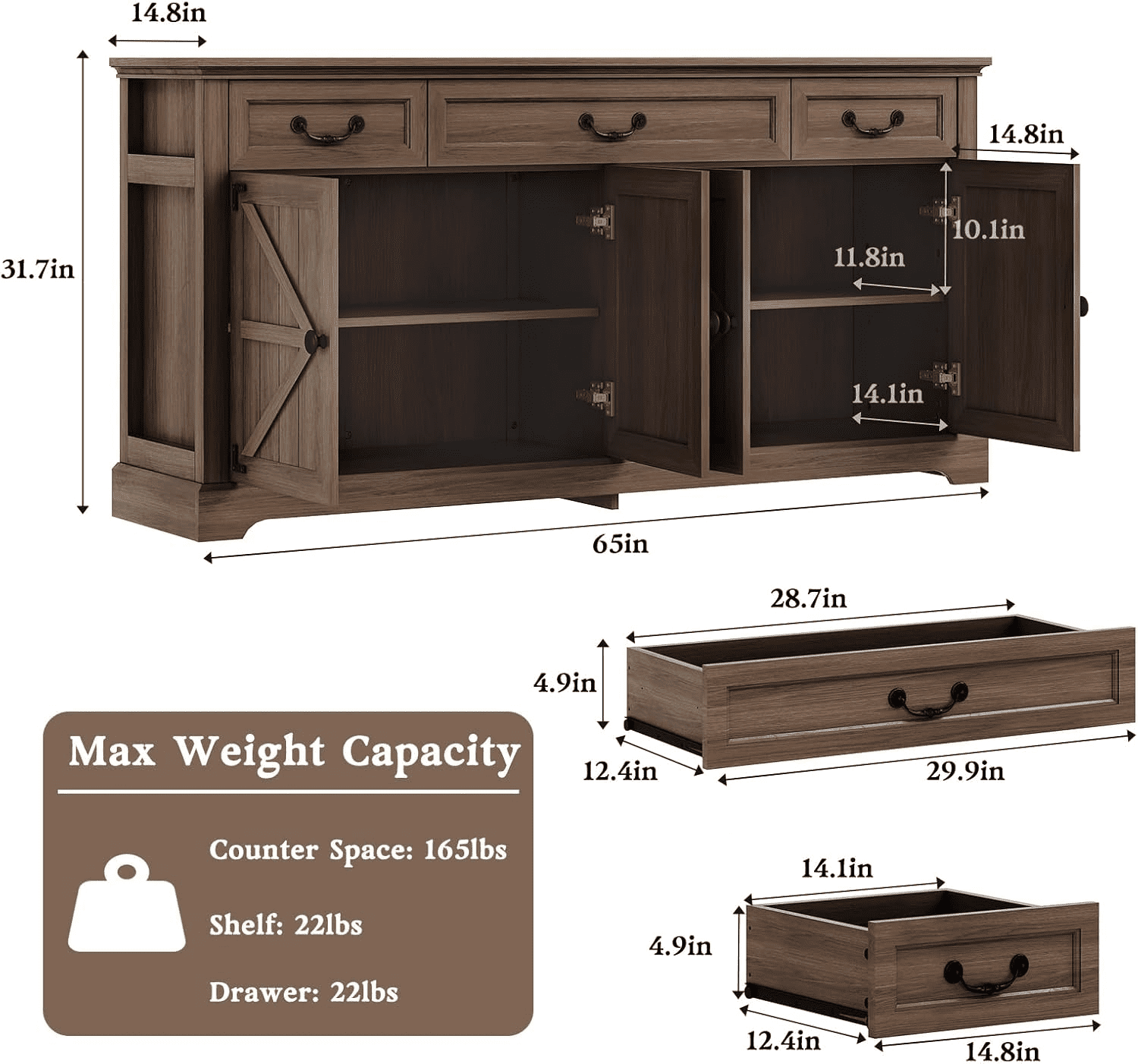 Farmhouse Sideboard Buffet Cabinet with Storage, 64.6'' Large Kitchen Storage Cabinet with Barn Doors Drawers, Wood Coffee Bar Table for Dining Room Living Room,  Brown
