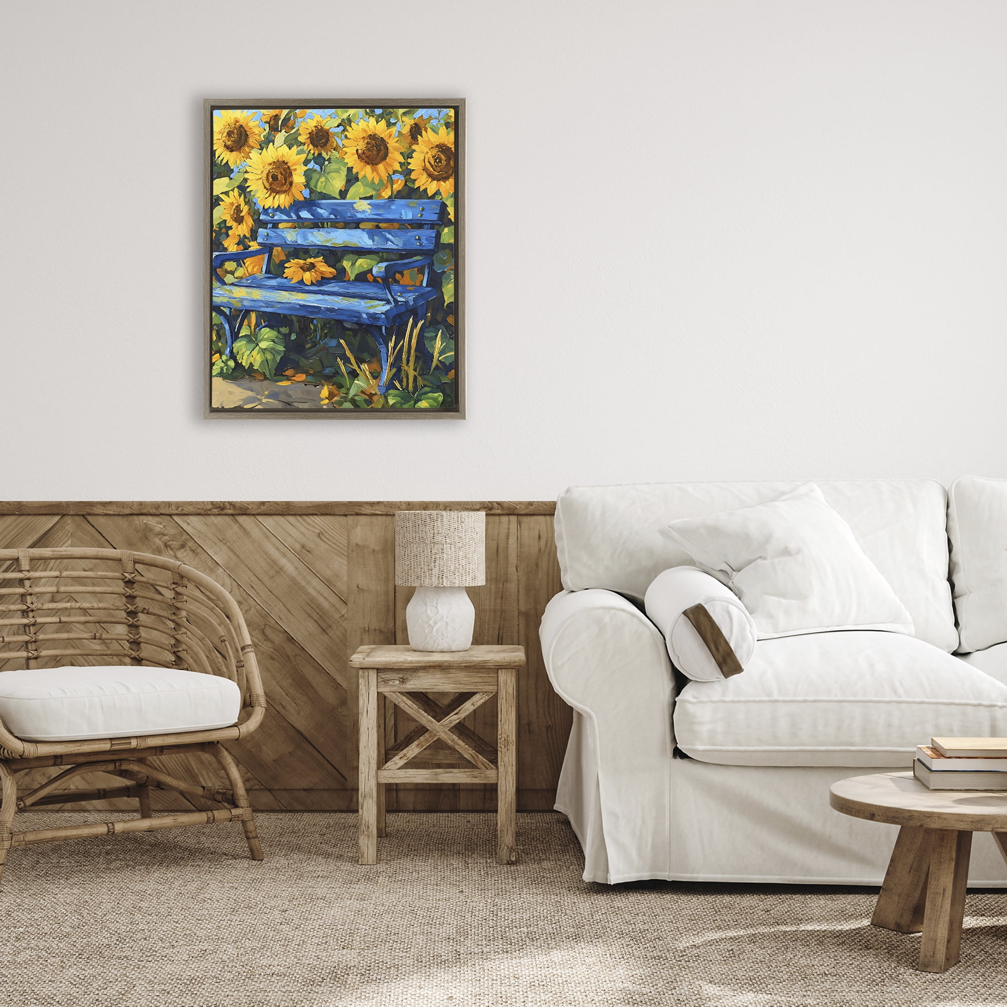 Stupell Industries Bench in Sunflower Field Brown Framed Floater Canvas Wall Art, design by Creative Studio