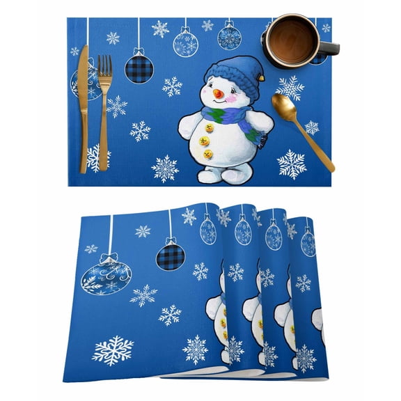 Placemats Set of 4, Blue Snowman Christmas Woven Placemat, Linen Place Mats for Kitchen/Dining Tables, Xmas Ball Snowflake Winter Washable Table Mats for Party