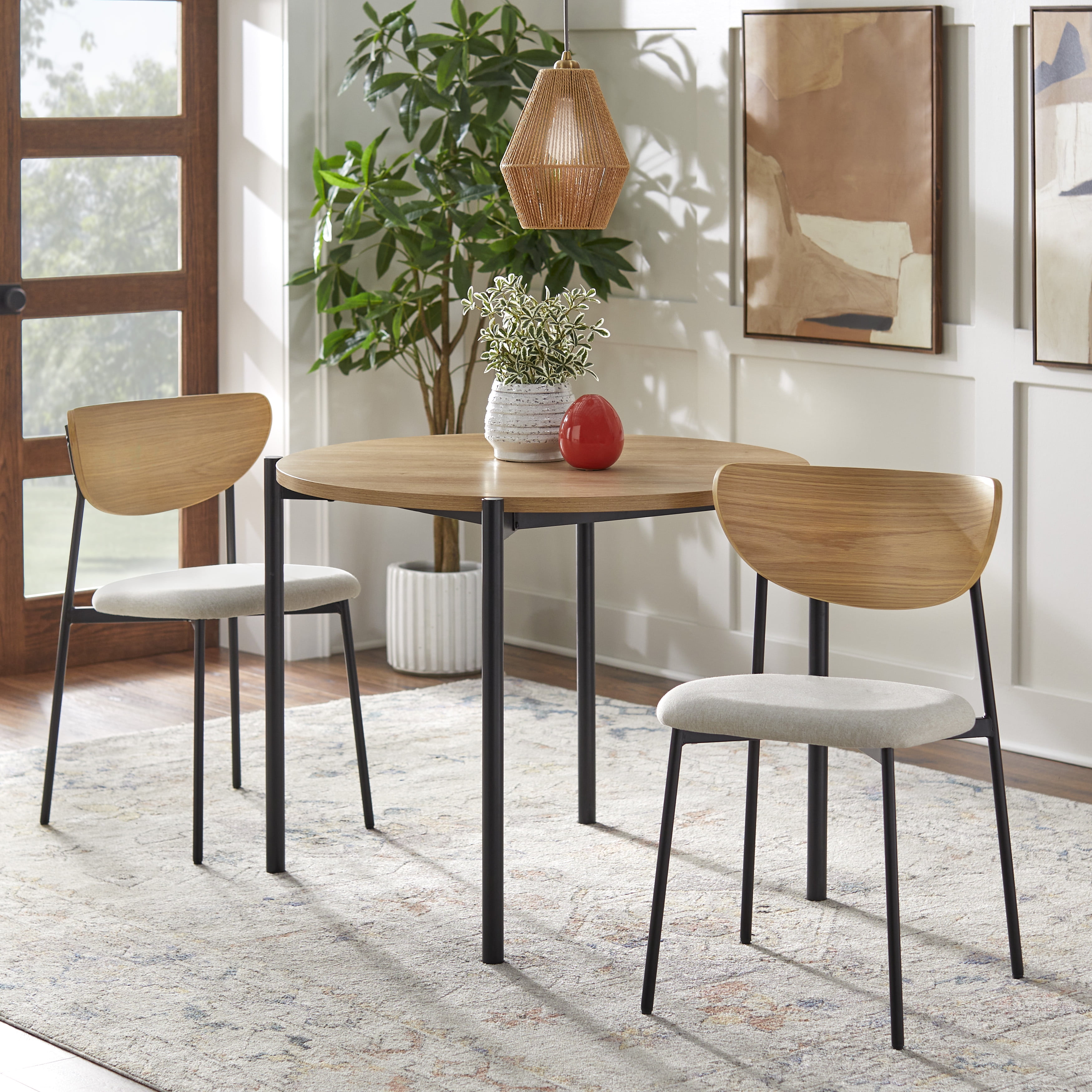 TMS Fullerton Round Metal Frame Dining Table, Light Oak