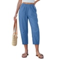 thumbnail image 2 of Capri Pants for Women Linen Barrel Petite Pants High Waisted Pull On Elastic Waist Casual Summer Capris Beach Vacation Trouser Blue L, 2 of 6