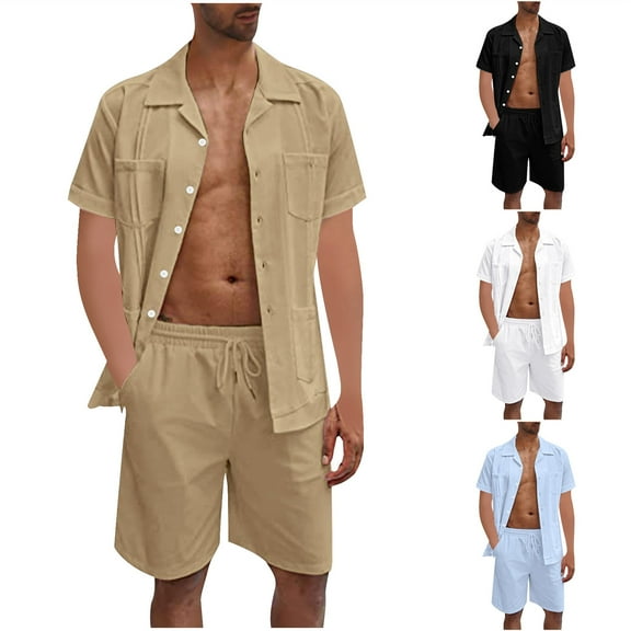 safuny Men's 2Pc Cotton Tracksuits Tops&Shorts Trendy Short Sleeve Summer Turndown Collar Button Outfits Causal Workout Activewear Sweatsuit Athletic Suits Black