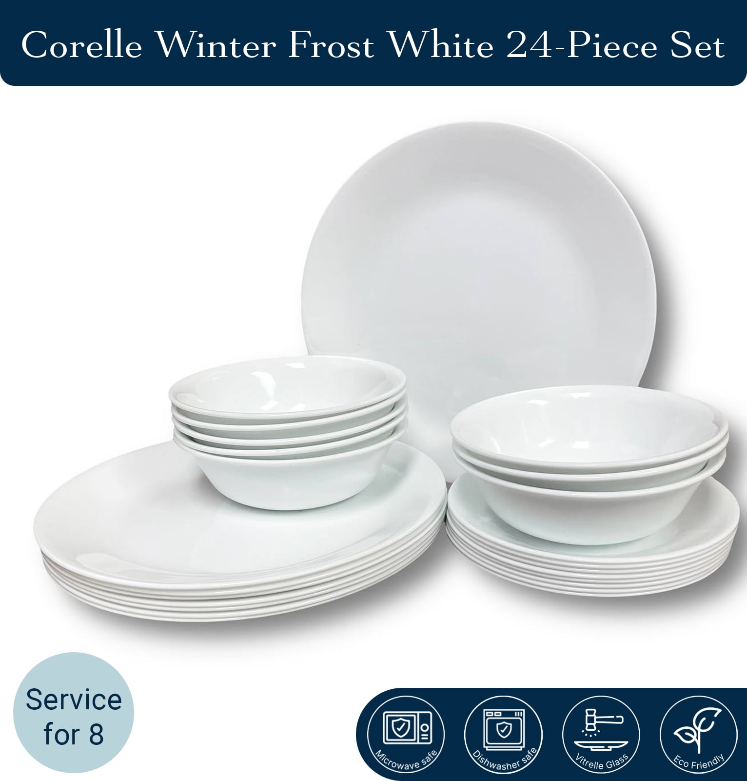 Corelle Winter Frost White 24Piece Set, Dinnerware Set, Vitrelle Glass