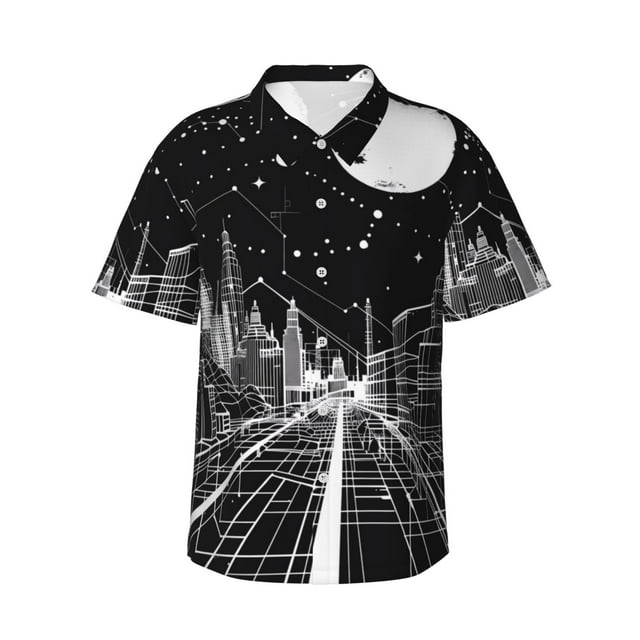 Fotbe Futuristic Moonlit Cityscape Camisa Hawaiana para Hombre Unisex – Camisa Casual de Verano con Botones de Manga Corta de Algodón y Lino,X-Large