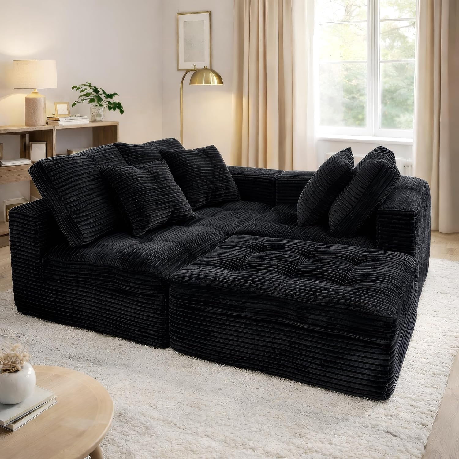 105" Modular Cloud Sectional Sofa with Ottoman, Faux Rabbit Fur Velvet, No Assembly Required, Black