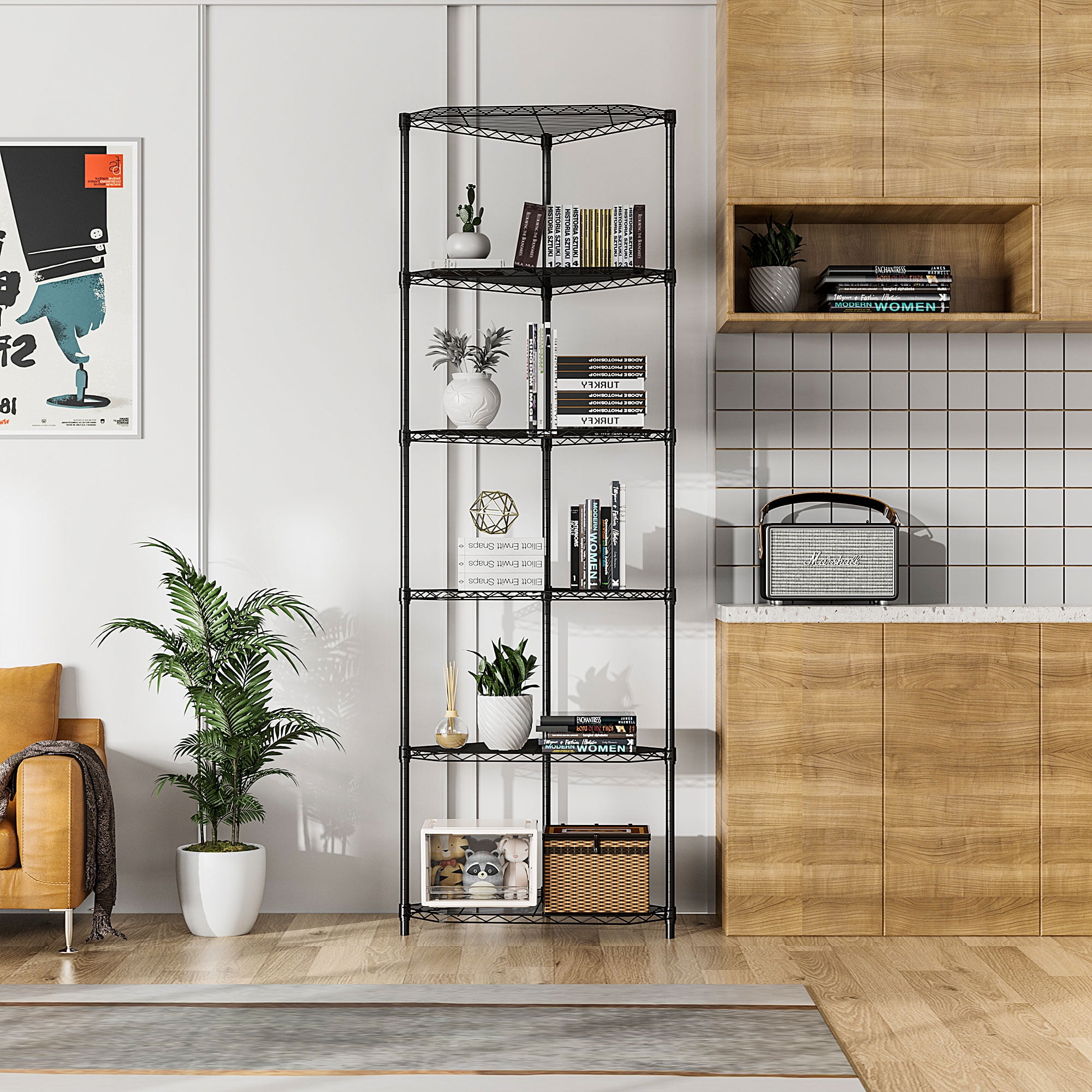 Pouseayar 6 Tier 600lbs Capacity Heavy Duty Corner Wire Shelving Unit, Metal Shelf Pentagonal Corner Storage Rack with Shelf Liners for Kitchen Garage Office, Black