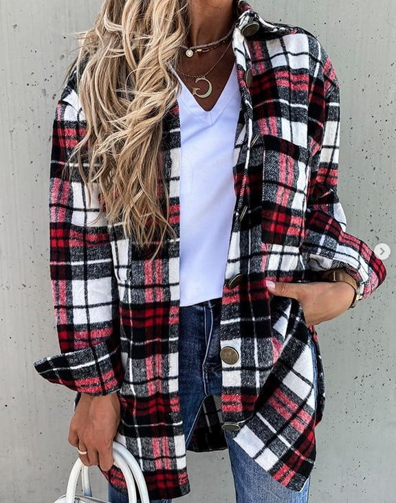 Womens Plaid Jacket Long Sleeve Lapel 