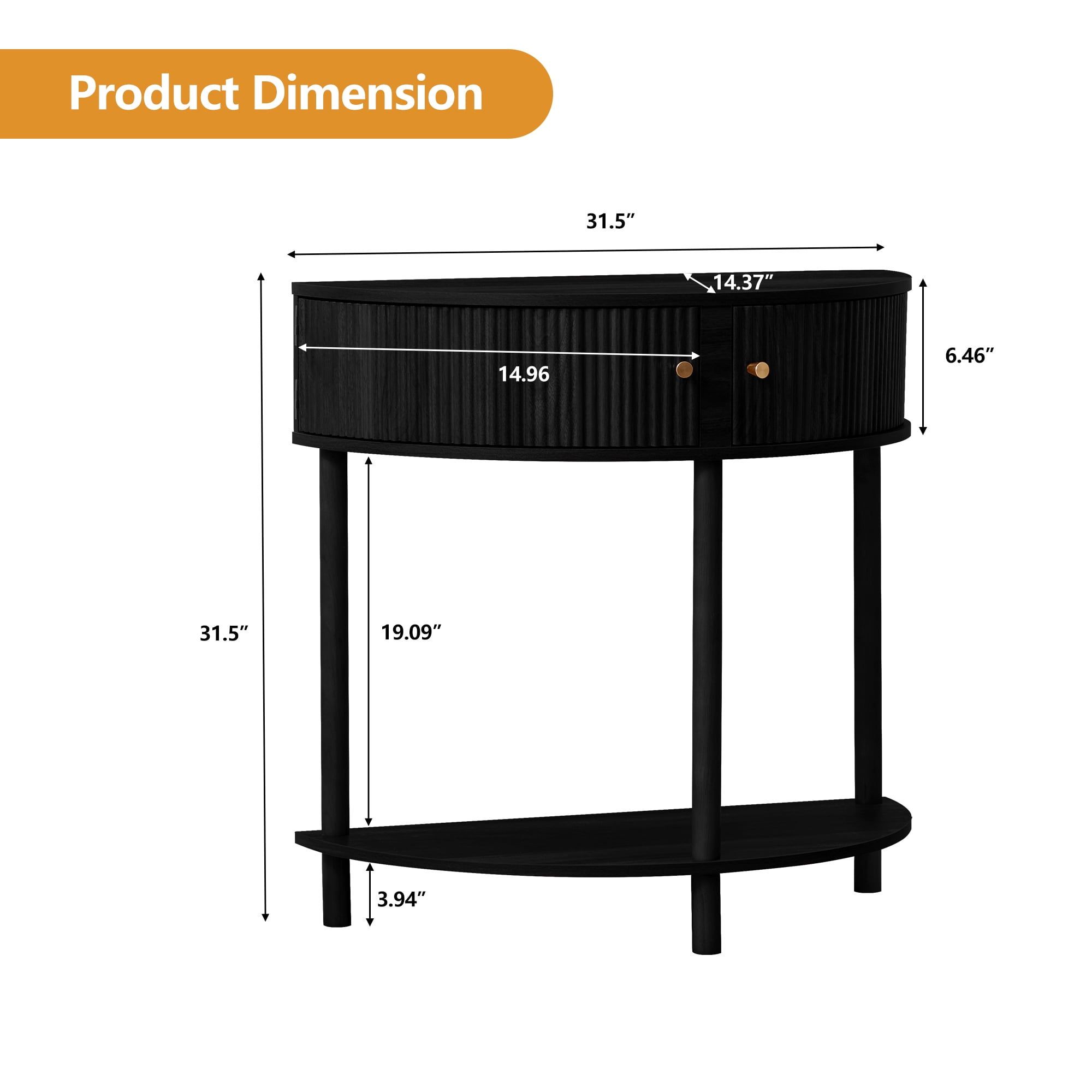 PHOYAL Fluted Half Moon Console Table with Drawers and Storage, Wooden Semi Circle End table with Shelf for Living Room, Half Round Side Table for Entryway Hallway, Black