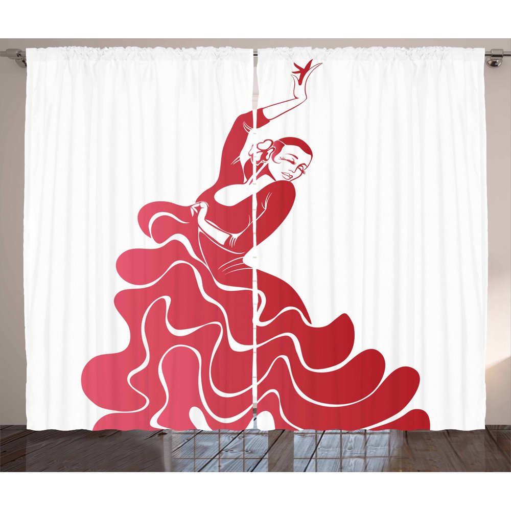 Spanish Curtains 2 Panels Set, Flamenco Lady Performing Historical Figures on Stage Passion
