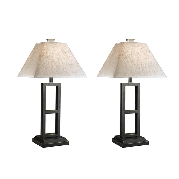 Signature Design by Ashley Deidra Metal Table Lamp Set (2), Black, Modern Open Frame Lamps with Linen-Look Shades