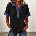 thumbnail image 2 of Denim Collared Shirt Women Short Sleeve Patchwork Denim Button Casual Shirts Business Casual Work Tops Summer Outfits Dark Gray XL, 2 of 5