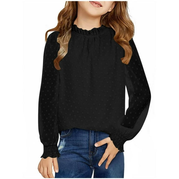 Ruyang Girls Pleated Long Sleeve Shirt Ruffle Neck Preppy Blouse Y2K Kids Plain Cute Shirts Solid School Formal Tops