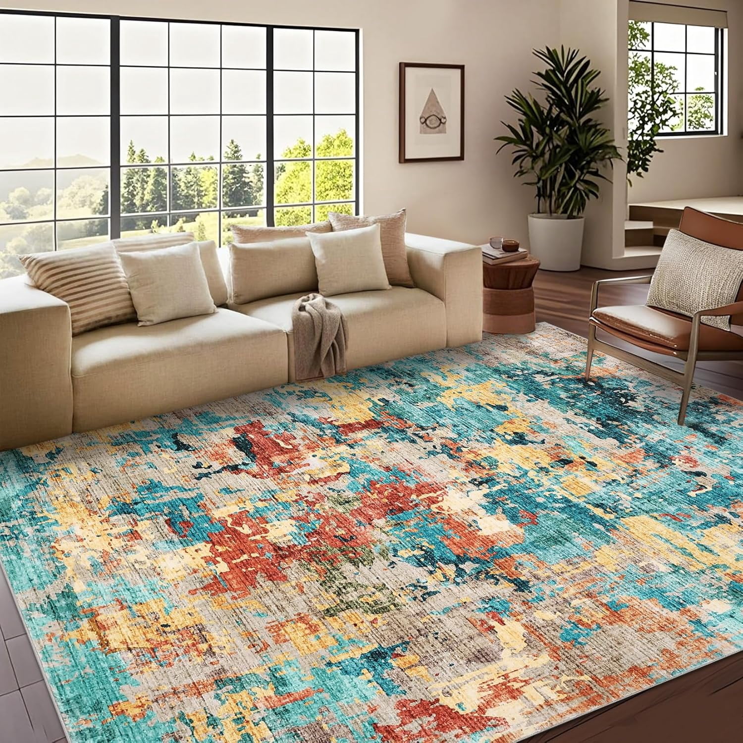 5x7 Blue Colorful Abstract Area Rug, Boho Washable Non-Slip, Non-Shedding Low Pile Throw Rug for Living Room, Bedroom, Dining Room (Blue Colorful).