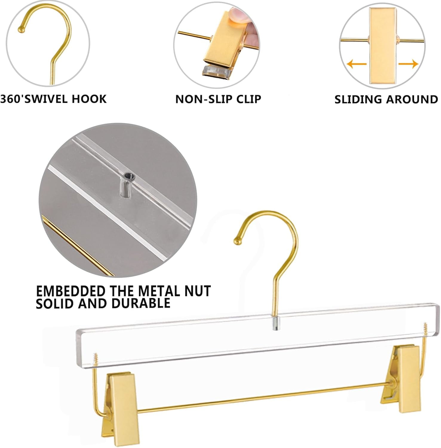 10 Pack Gold Acrylic Hangers,Clear Hangers with Gold Hooks,Luxurious Skirt Pants Hangers Gold Clips for Clothing Closet Storage