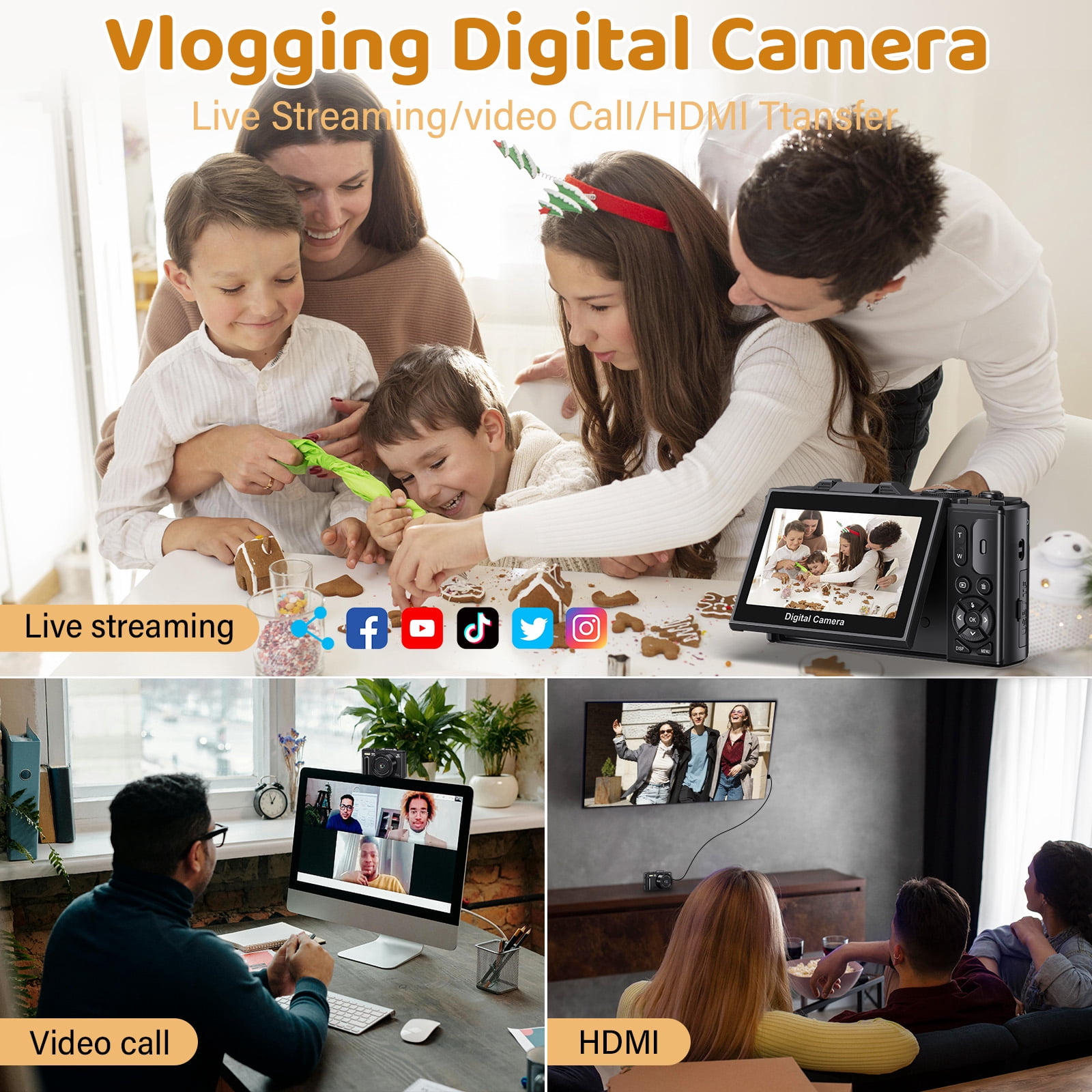 MARVUE Digital Camera 5K 75MP WiFi Vlogging Camera for Photography, Autofocus, 18x Zoom, Flip Screen with 32GB Card, Black