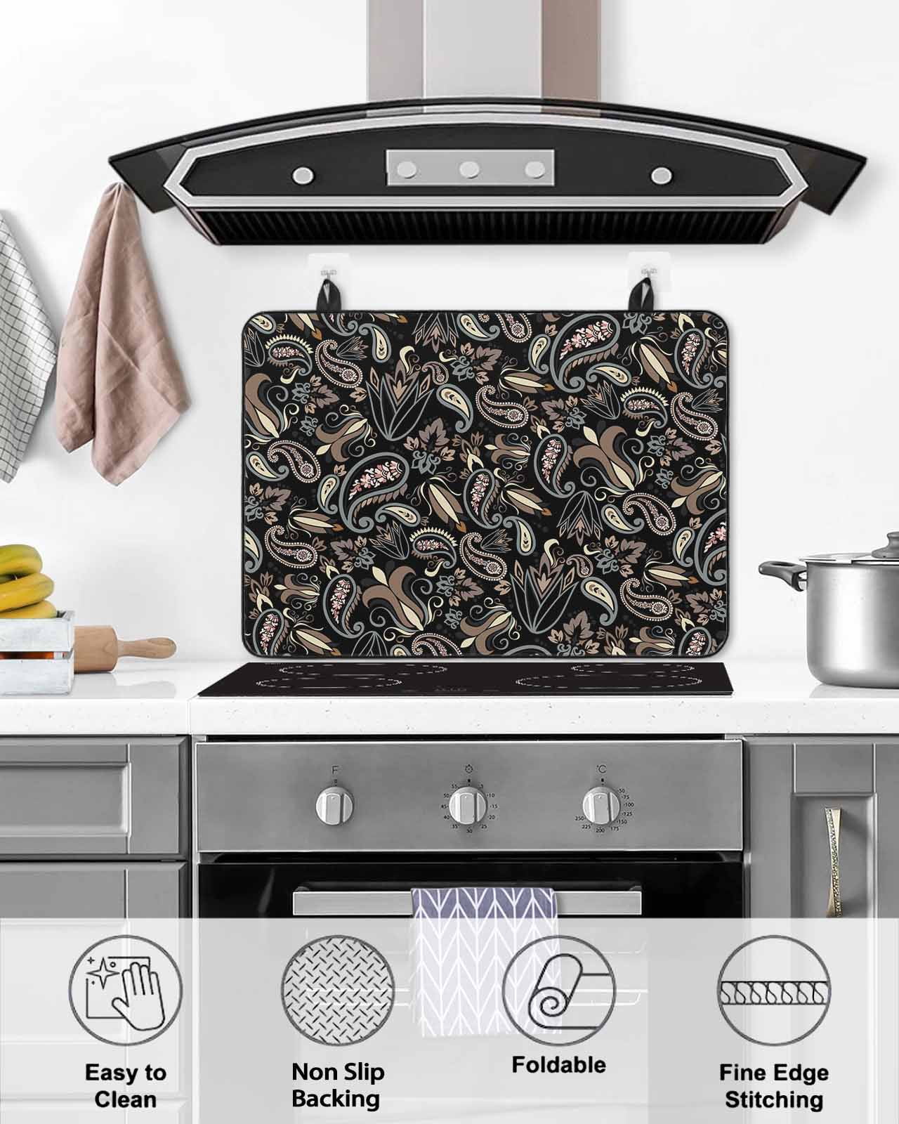nqOlkjepod Large Induction Cooktop Protector Mat 36"x21", Boho Black Floral Stove Top Covers for Electric Stove, Farmhouse Botanical Vintage Paisley Flower Stove Burner Cover Mats Stove Cover