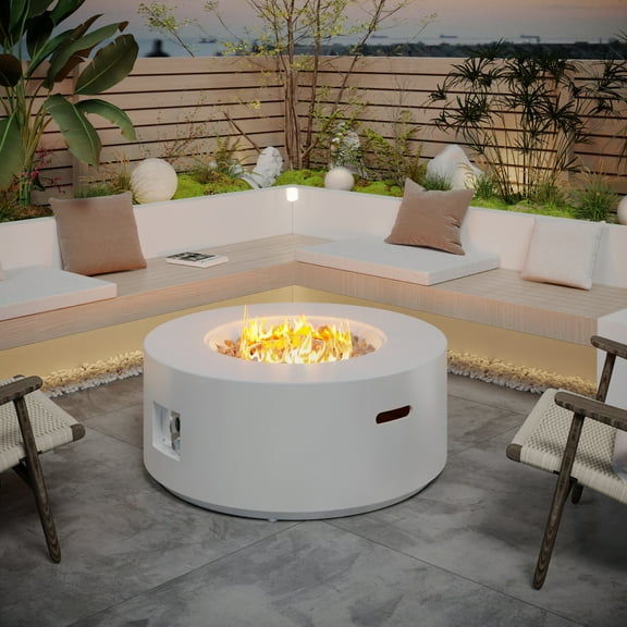 HongTaoK 32.5" Round Propane Fire Pit Portable Gray 50K BTU Outdoor with Lava Rocks, Preservative, White