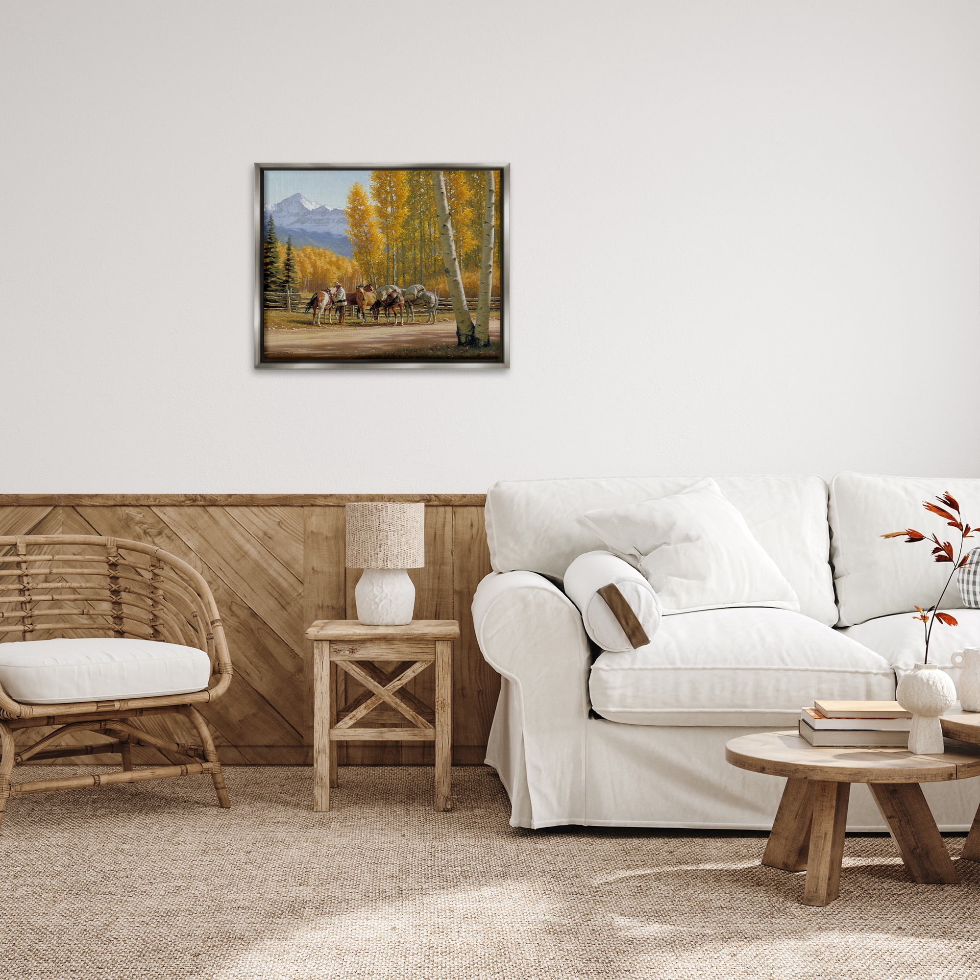 Stupell Industries Horses with Fall Foliage Landscape Painting Gray Floater Framed Canvas Art Print Wall Art, 31 x 25
