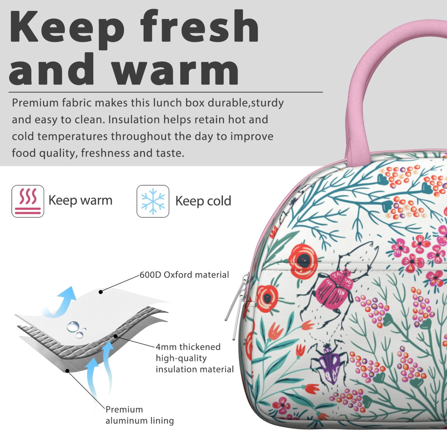 Rustic Floral Lunch Bag – Vintage Bloom Pattern Tote for Women with Insulated and Leakproof Lining, Ideal for Outdoor Meals