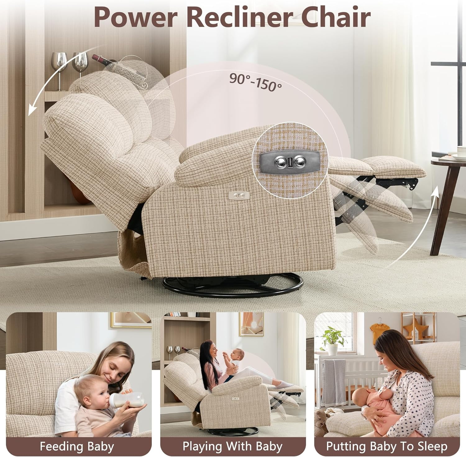 Chizzysit Power Swivel Rocker Recliner, Rocking Chair Nursery Glider, Electric Reclining Chair for Adults with USB Port, Infinite Position, Single Sofa Chair for Living Room - Beige
