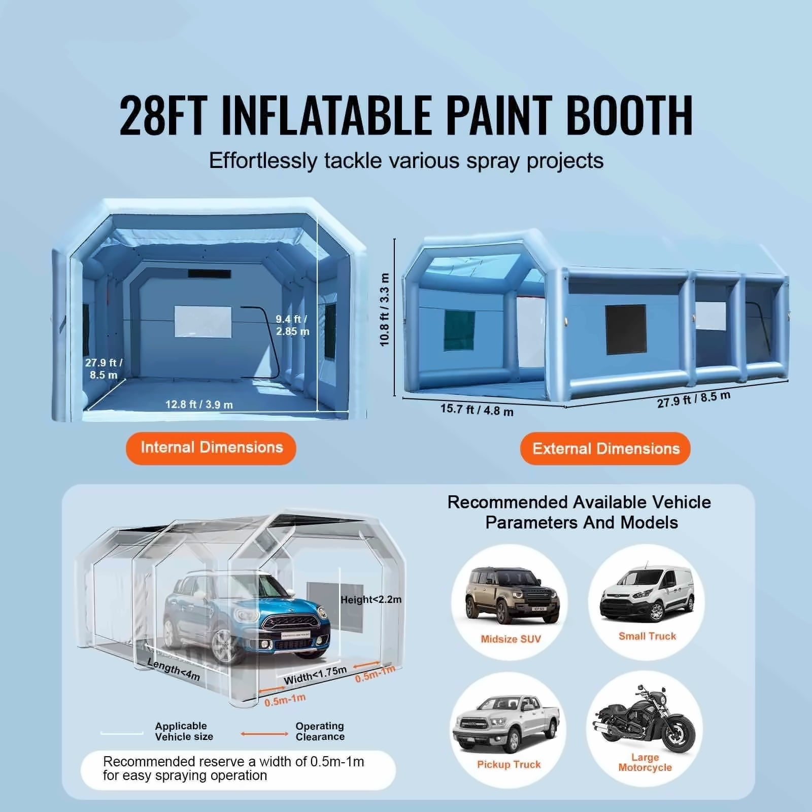 Inflatable Paint Booth 27.9x15.7x10.8ft, Portable Spray Booth for Cars & Motorcycles, 950W+750W Blowers, Activated Carbon Filter System