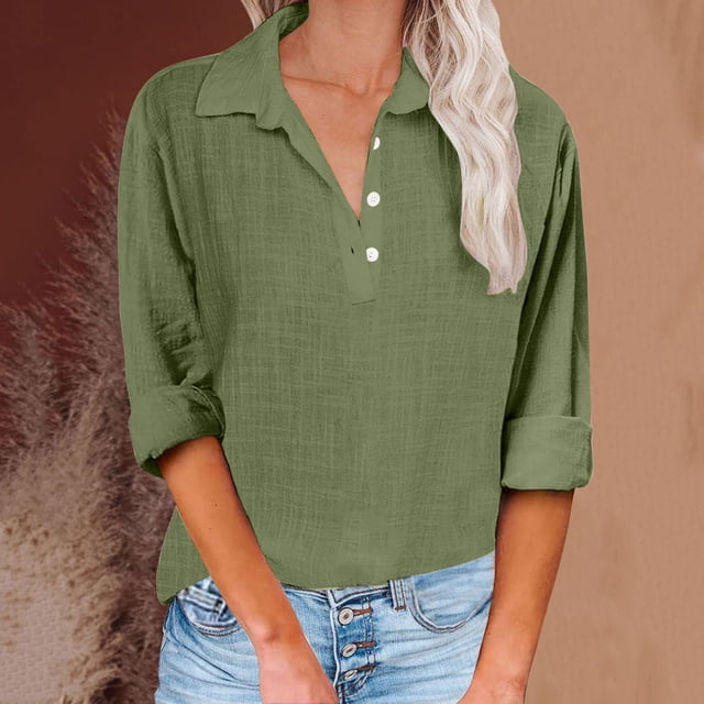 AherBiu Long Sleeve Shirts for Women Linen Button Lapel Pullover Silm Fitted Fall Trendy 2024 Tops