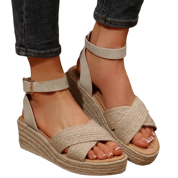Women's Espadrilles Wedges Dressy Sandals 2025 Summer Beach Straw Chunky High Heels Ankle Strap Dress Sandals