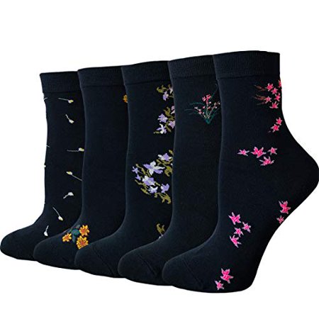 

5 Pairs Womens Floral Patterned Novelty Crew Socks Vintage Casual Cotton Socks Warm Dress Ankle Socks (Black Autumn Flower one size)