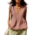 thumbnail image 2 of TGSLY Women's Linen Deep V-Neck Tank Tops Dressy Casual Ruffle Detail Solid Color Sleeveless Vest Lightweight Soft Elastic Waist Tshirts L, 2 of 7