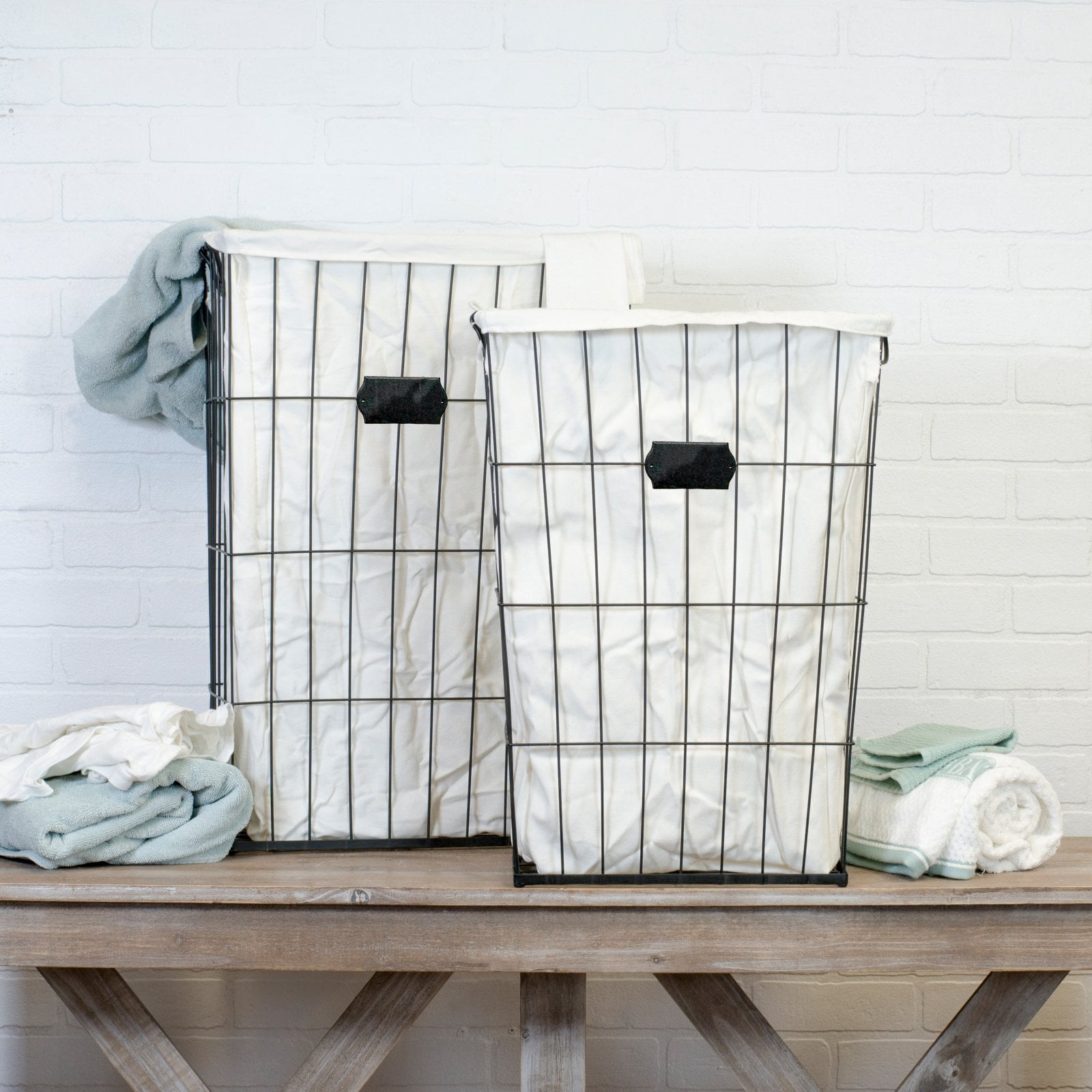 VIP Home & Garden 2 Pc Tall Wire Laundry Baskets with Canvas Bag Inserts Vintage Storage Bins