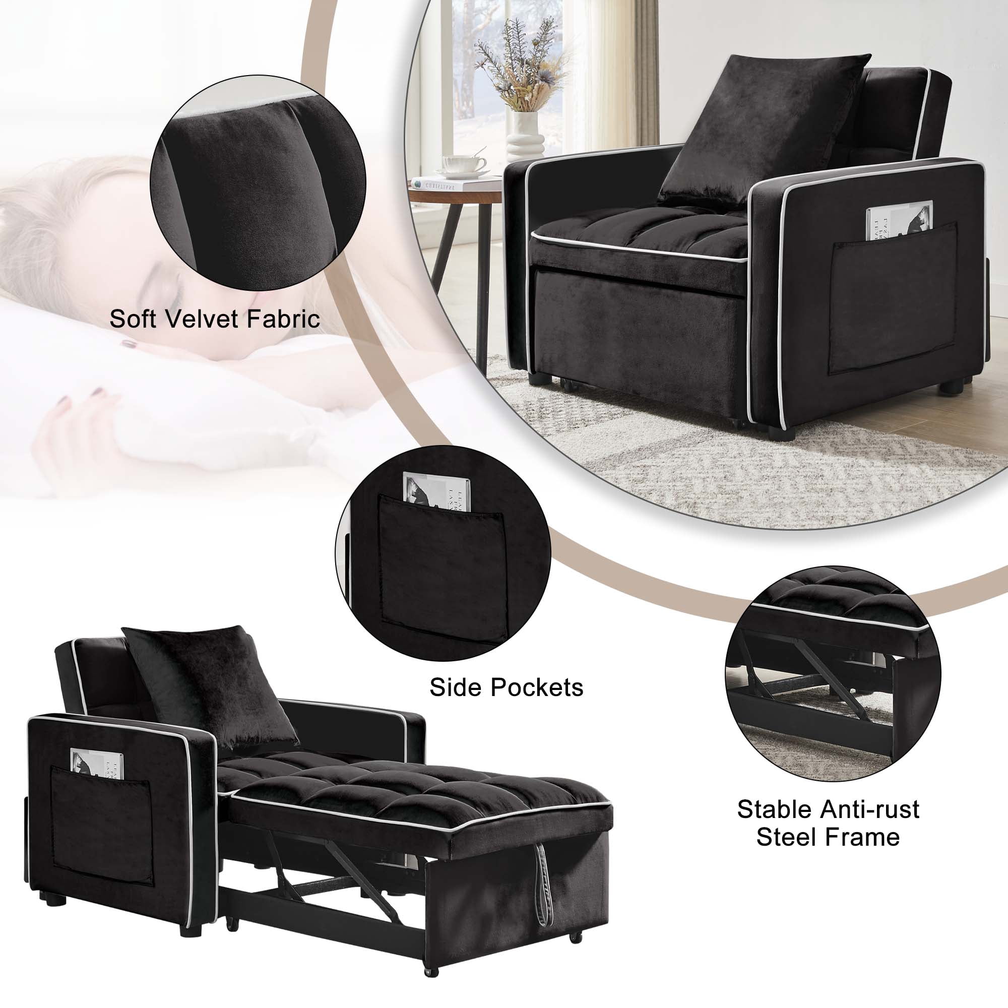 Aukfa Sleeper Chair Bed, Convertible Pull Out Sofa Bed for Living Room Apartment, Black