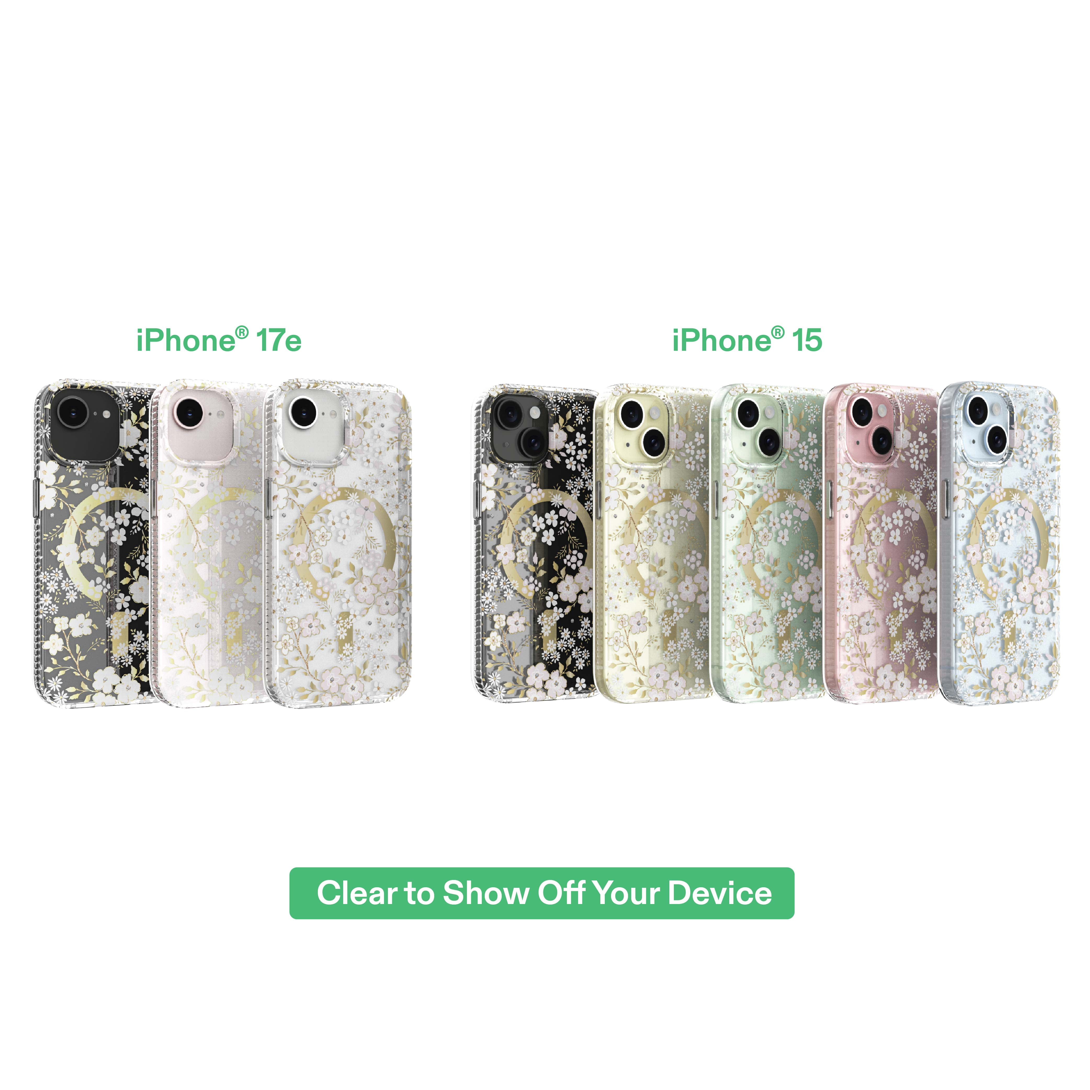 onn Phone Case for iPhone 17e / 16e / 15 / 14 / 13, MagSafe Compatible - Pink & White Floral with Gems
