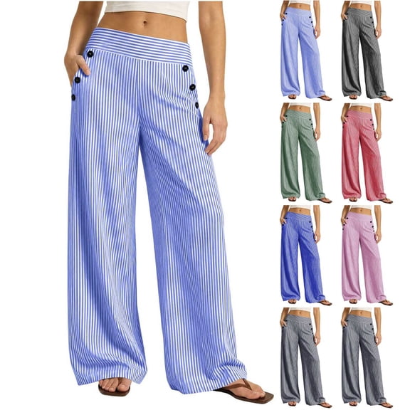 Eiyaclvo Striped Wide Leg Palazzo Pants for Women High Stretchy Waist Loose Fit Work Dress Pant Business Casual Trouser Pull on Slacks with Pockets