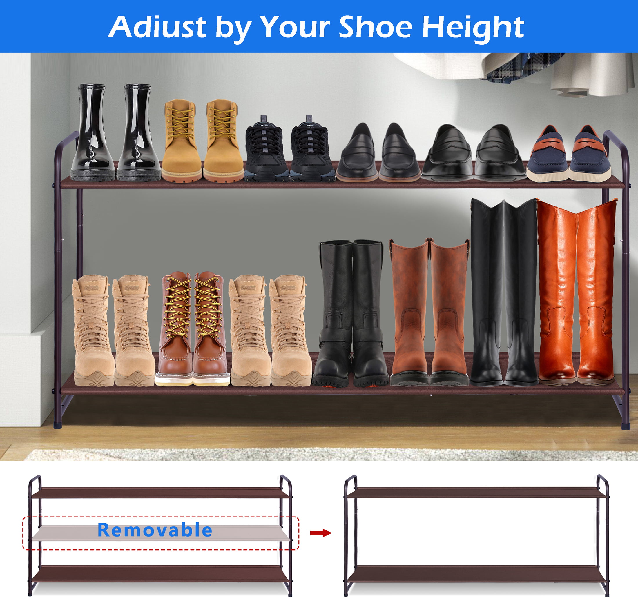 Shoe Rack for Entryway - Sturdy & Durable Long Stackable Shoe Organizer for  Closet, 3-Tier Space-Saving Metal Shoe Shelf for up to 24 Pairs, for Garage  & Corridor, Brown