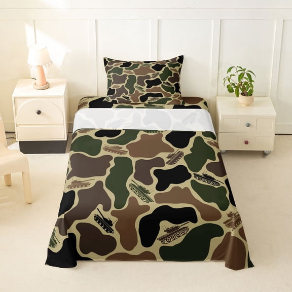 Feelyou Plane Camo Print Twin Sheet Sets for Kids, Rustic Camouflage Bedding for Kids, Green, 3pcs