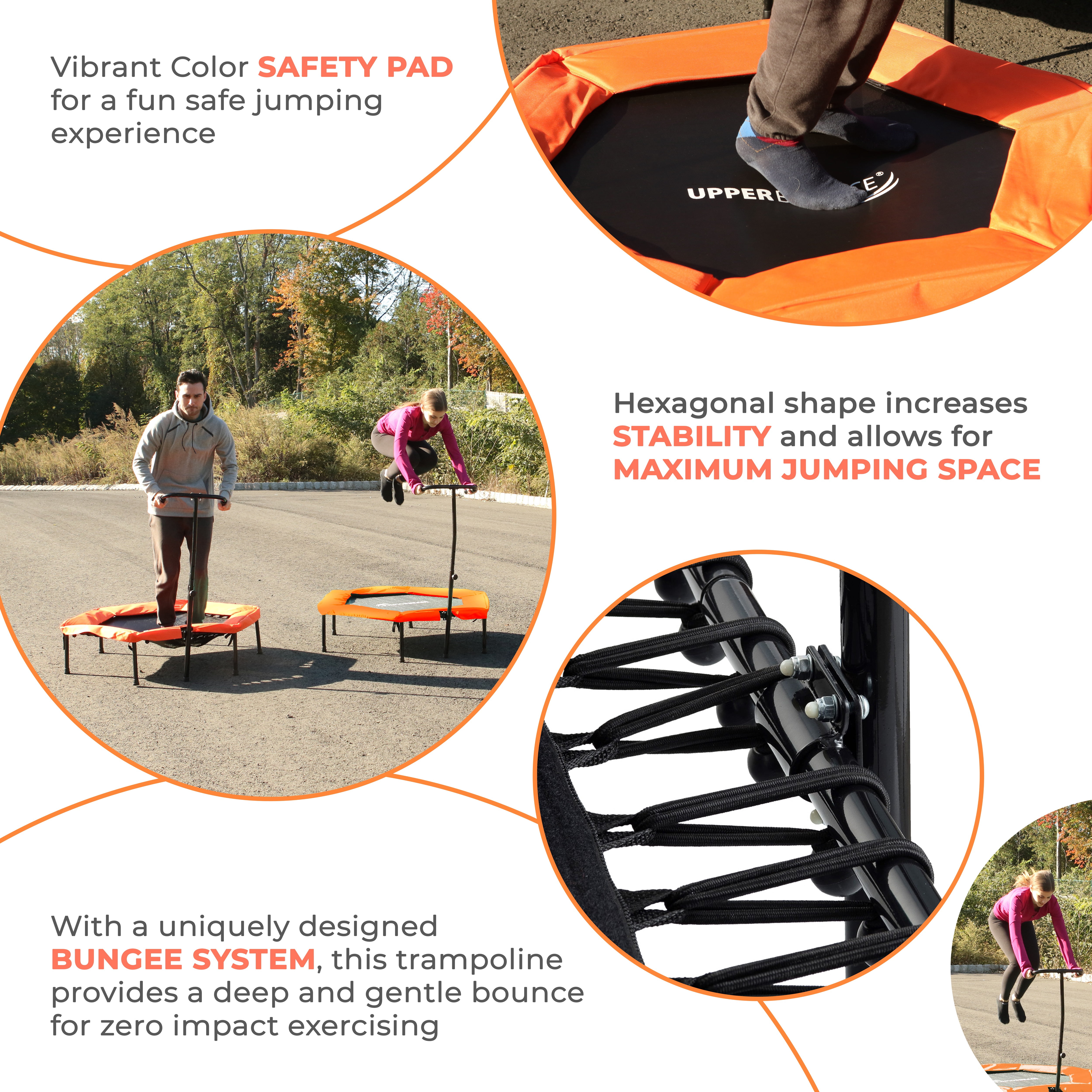 Upper Bounce 50" Mini Trampoline with Adjustable T-Shaped Handrail – Hexagonal Rebounder Fitness Trampoline for Kids & Adults - Orange