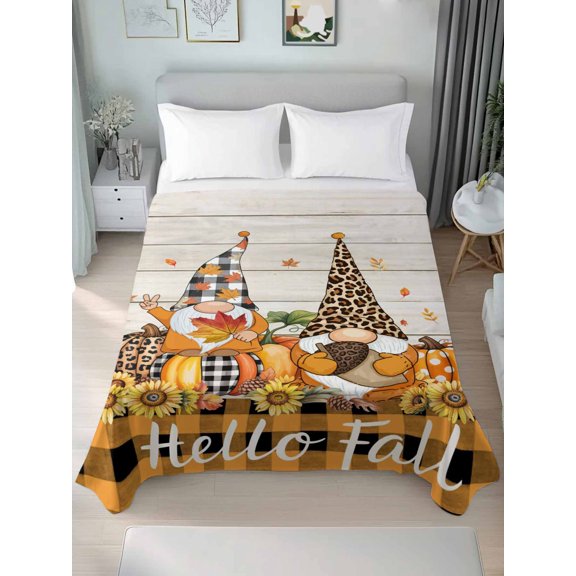 Twin Flat Sheet Only Hello Fall on Yellow Plaid Soft Microfiber Cooling Bedding Sheets Thanksgiving Gnome Pumpkin Flat Bed Sheet for Hotel,Home Decor